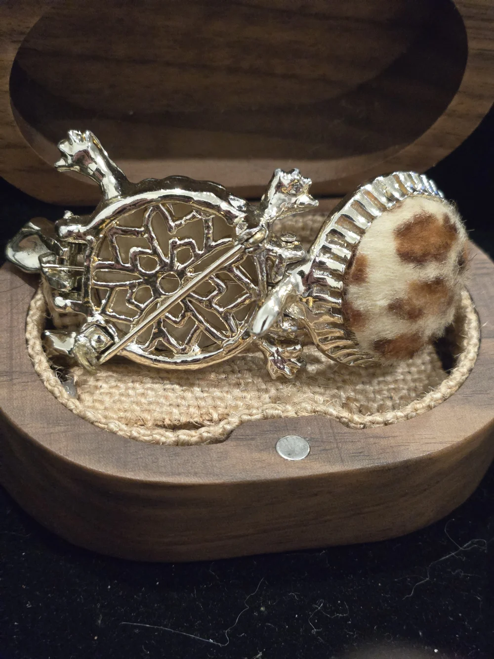 Mid-century Turtle Novelty Locket Brooch with Faux Fur